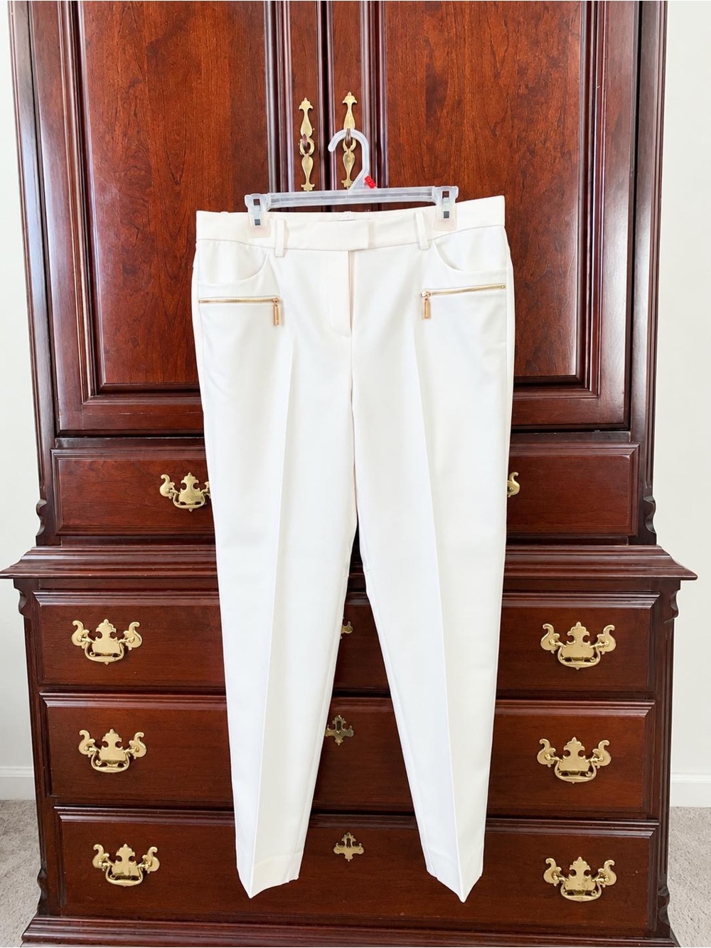 Ivanka Trump White Straight-Leg Ponte Pants with Gold Zippers